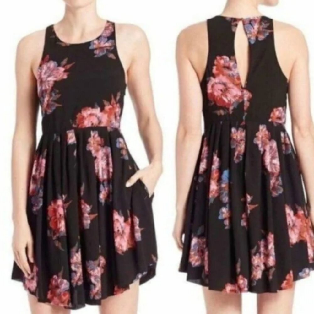 Free People Black Floral Mini Dress with Pink & Red Blooms